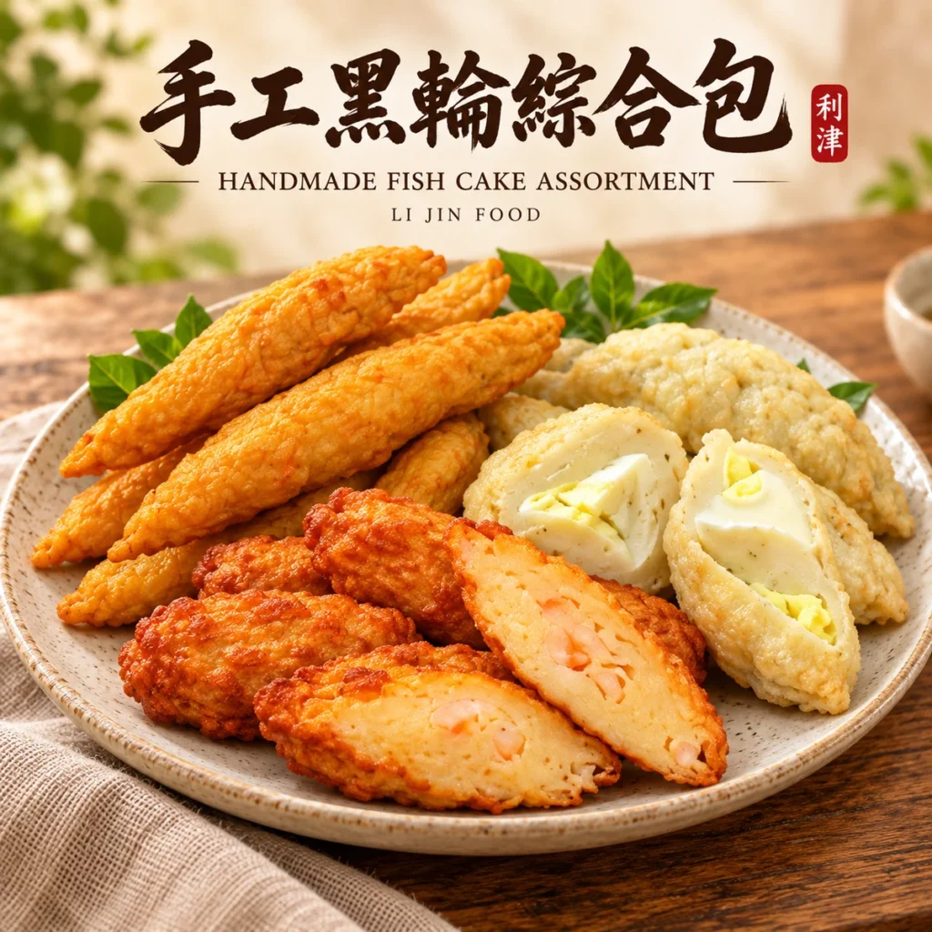 利津食品手工黑輪綜合包,含蝦仁黑輪、旗魚黑輪包蛋與花枝黑輪