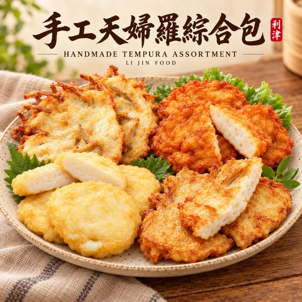 利津食品手工天婦羅綜合包,含牛蒡、花枝、干貝與傳統天婦羅