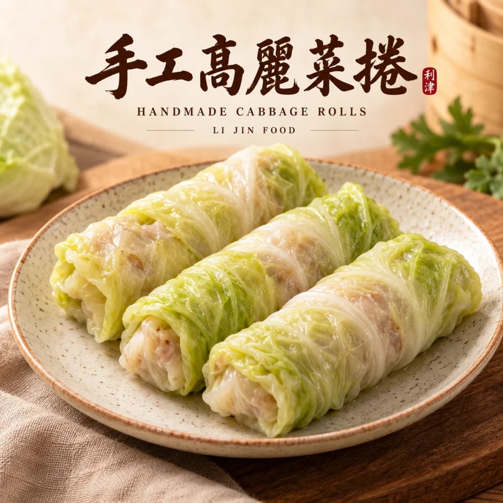 利津食品手工高麗菜捲,暖米白自然木質風格產品形象照